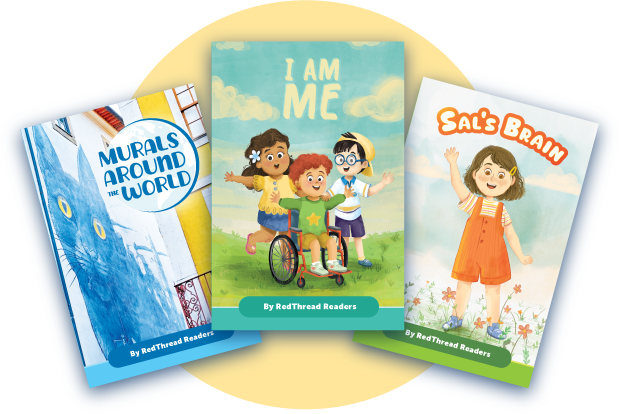 An image of a set of decodable books called RedThread Readers for K-2 classrooms, designed to enhance phonics instruction with engaging, culturally diverse narratives and vibrant illustrations.