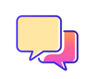 Icon: Line drawing illustration of two purple speech bubbles, one filled in with yellow and the other filled in with an orange to pink gradient
