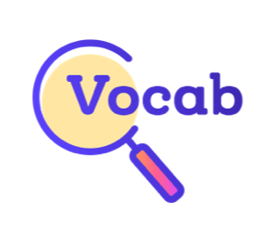 Icon: Line drawing illustration of the word "Vocab" in purple lettering on top of a purple, yellow, and pink magnifying glass