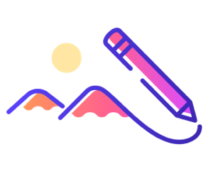 Icon: Line drawing illustration of a purple, orange, and pink pencil drawing purple, orange, and pink mountains with a yellow sun above them