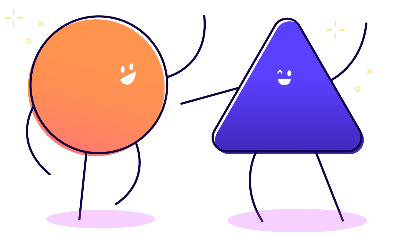 Illustration of an orange circle shaped character and a blue triangle shaped charcater smiling and dancing together with yellow line drawings of sparkles behind them