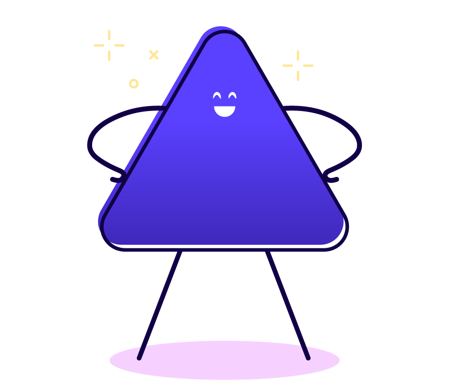 Illustration of a blue triangle shaped charcater smiling confidently with its hands on its hips with yellow line drawings of sparkles behind it