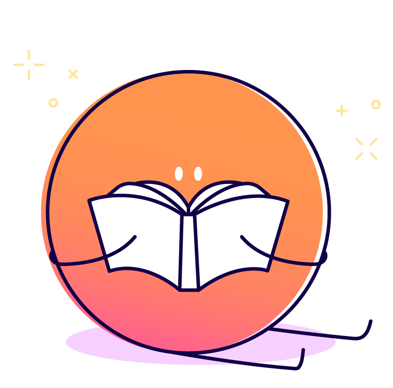 Illustration of an orange circle shaped character sitting and reading a book with yellow line drawings of sparkles behind it