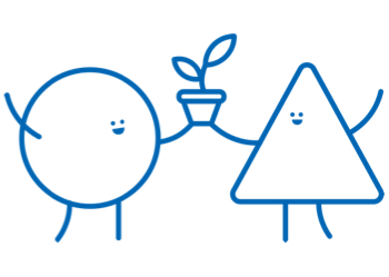 A blue line drawing of a circle shaped character and a triangle shaped character smiling and holding a plant up in the air together