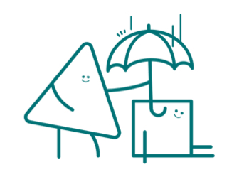 A turquoise line drawing of a smiling triangle shaped character holding an umbrella over a smiling square shaped character who is sitting in the rain