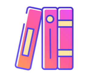 Icon: Line drawing illustration of three purple, pink, orange, and yellow books—two standing upright and one leaning at an angle against them
