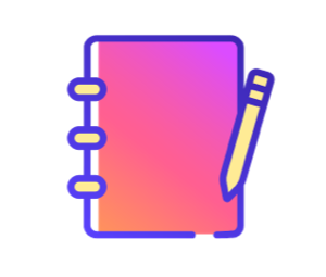Icon: Line drawing illustration of purple, orange, pink, and yellow notepad and pen