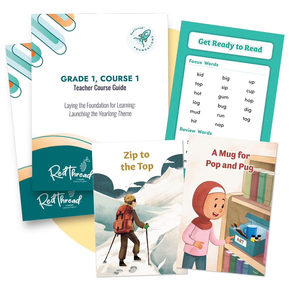 Splay of sample lesson plan, student workbook,and decodable book