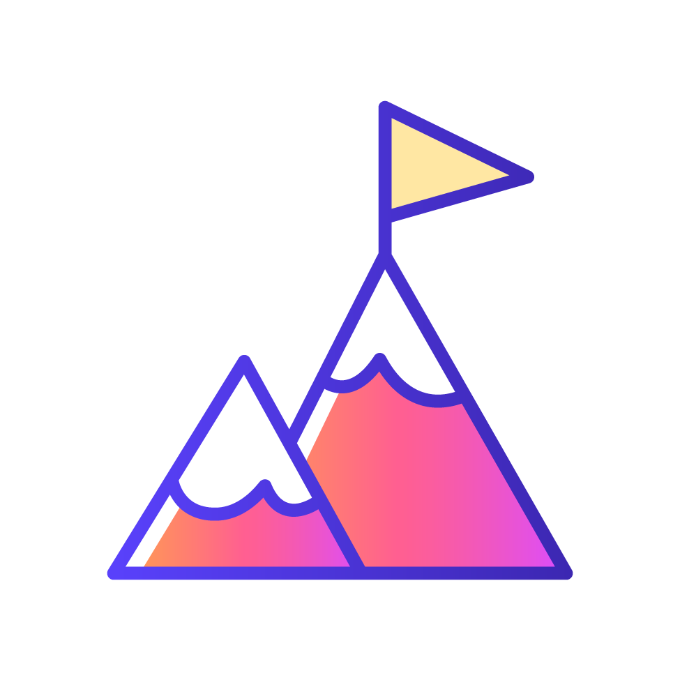 Pink and purple drawing of two snow-capped mountains with yellow flag on top of one of them