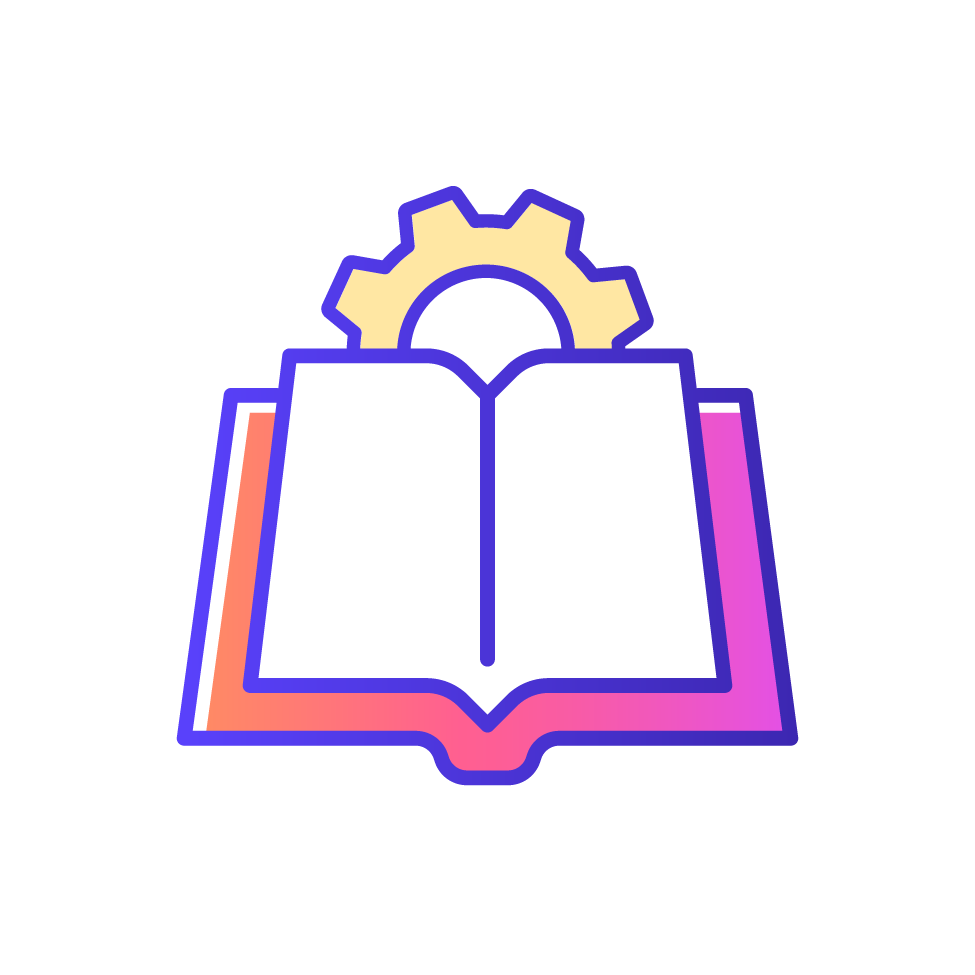 Purple and pink line drawing of an open book with a yellow gear behind it